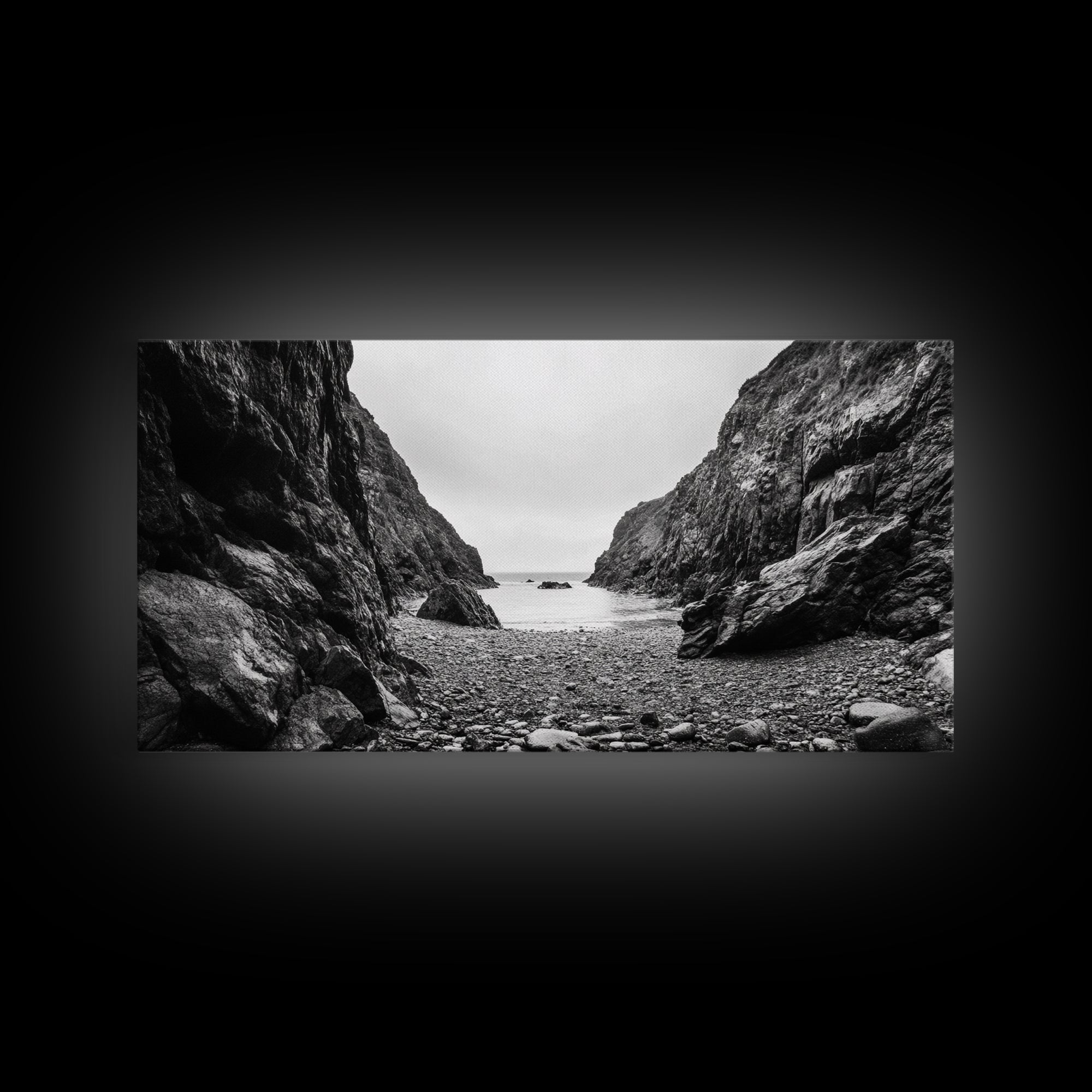 Rocky Cove, Ocean Gap, Cliffside Path, Secluded Coast, Framed Canvas Print, adventure wall art, man cave, grayscale wilderness print
