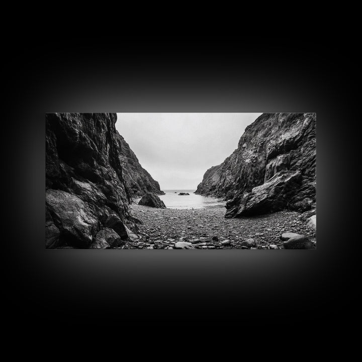 Rocky Cove, Ocean Gap, Cliffside Path, Secluded Coast, Framed Canvas Print, adventure wall art, man cave, grayscale wilderness print