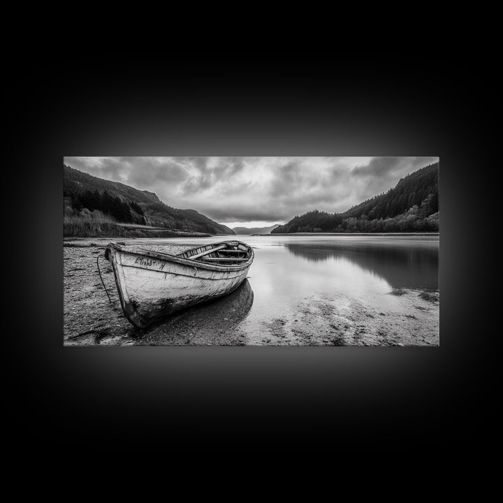 Abandoned Boat, Mountain Lake, Moody Shore, Nature Reflections, Framed Canvas Print, cabin wall art, explorer decor, grayscale nature