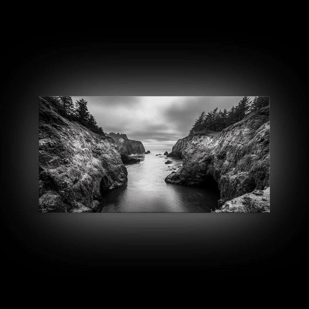 Ocean Passage, Cliff Channel, Rugged Coast, Forest Horizon, Canvas Print, dramatic nature art, large wall piece, hallway landscape art