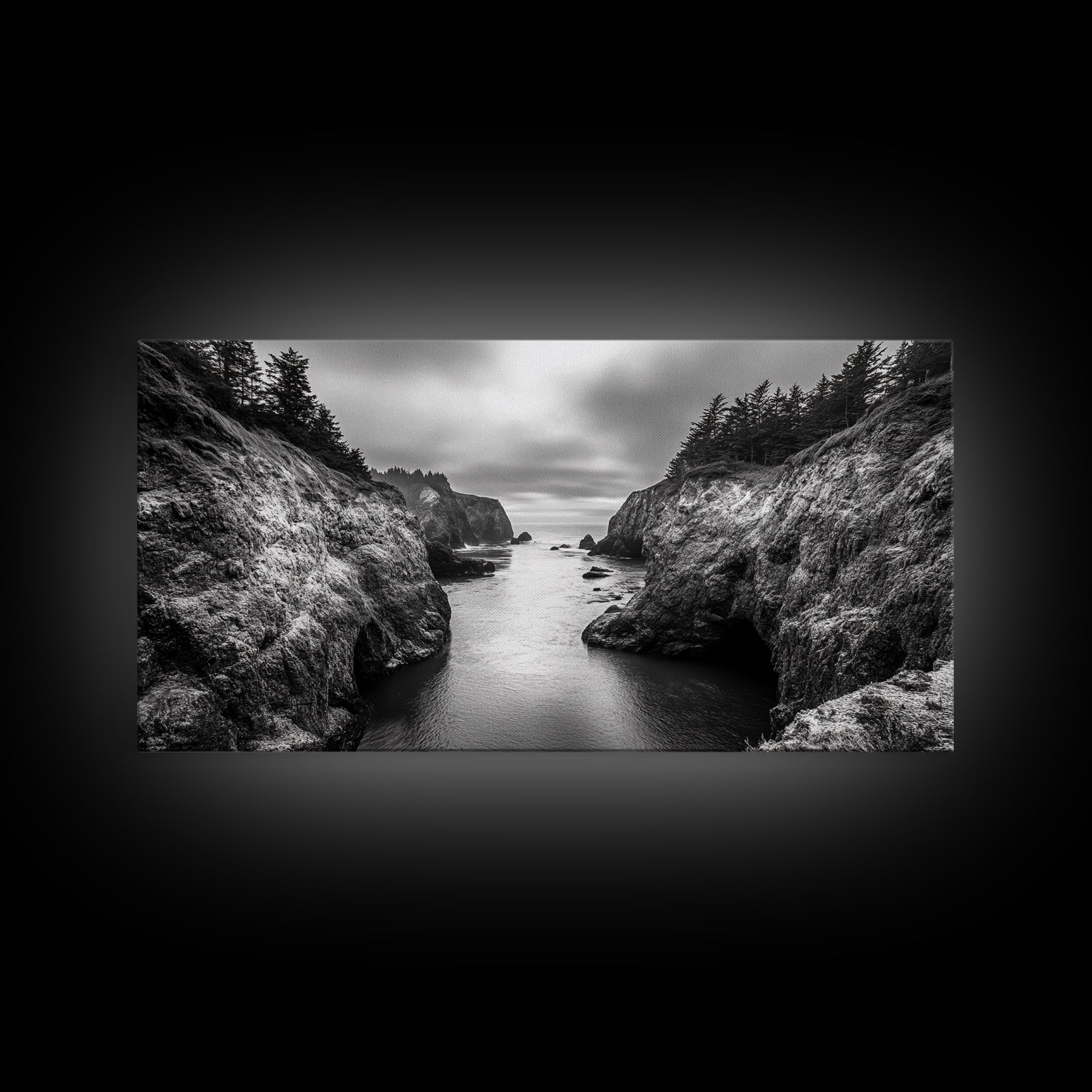 Ocean Passage, Cliff Channel, Rugged Coast, Forest Horizon, Canvas Print, dramatic nature art, large wall piece, hallway landscape art