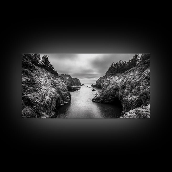 Ocean Passage, Cliff Channel, Rugged Coast, Forest Horizon, Canvas Print, dramatic nature art, large wall piece, hallway landscape art
