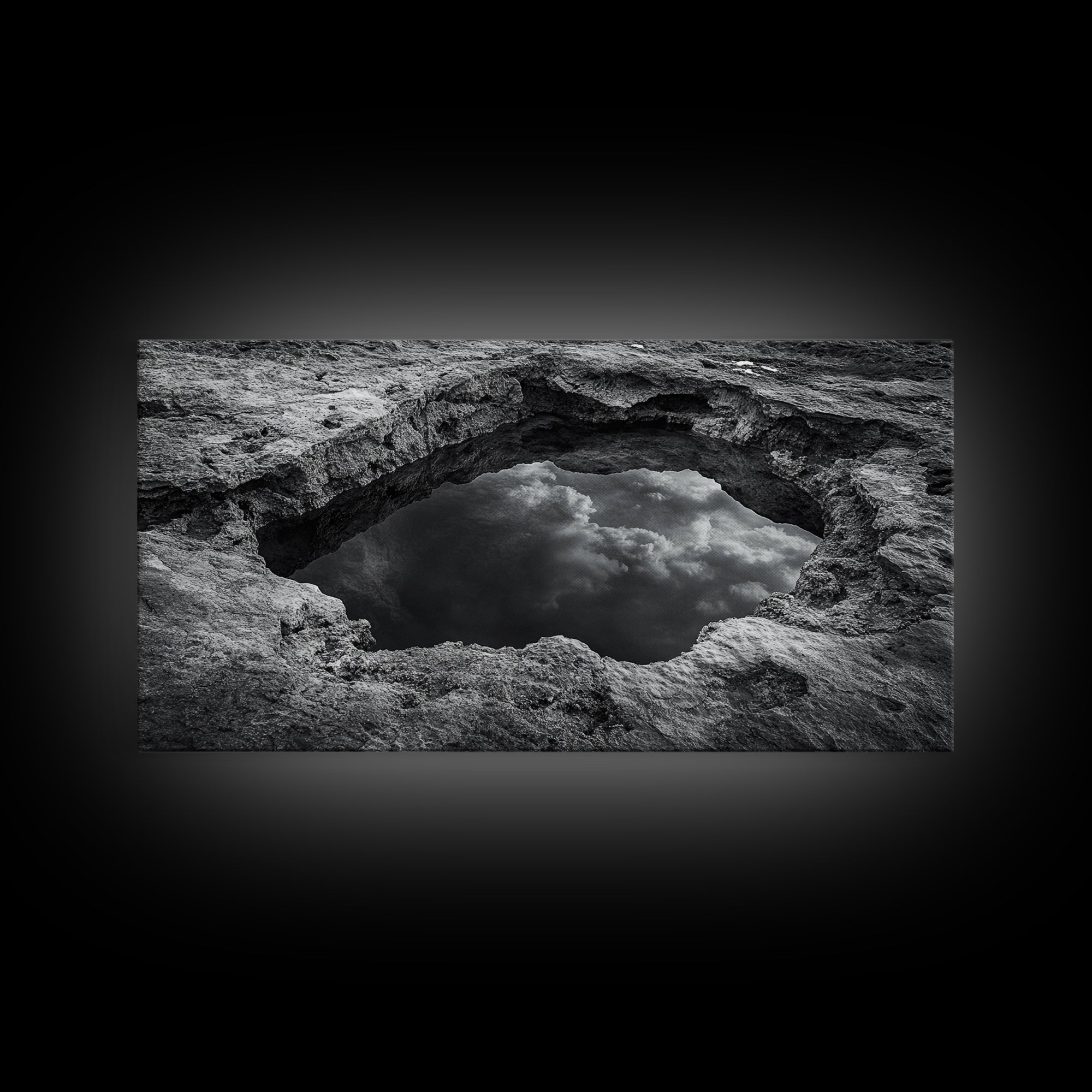 Sky Reflection, Stone Pool, Abstract Nature, Moody Minimalist Art, Framed Canvas Print, Bedroom Wall Art, Contemporary Monochrome Decor