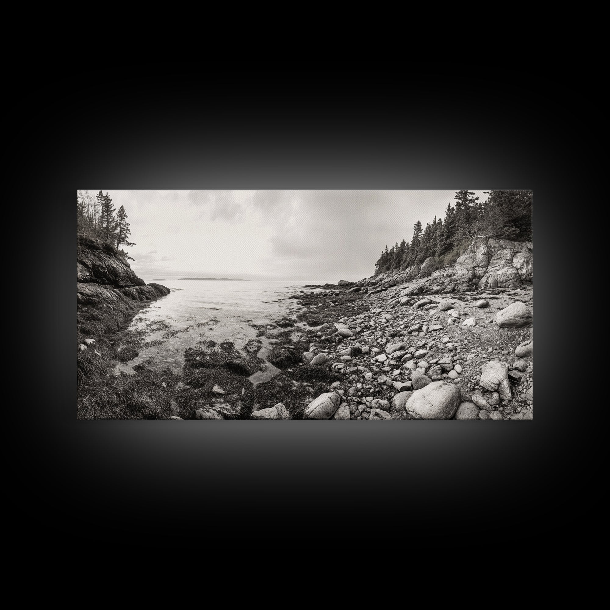 Rocky Coast, Forest Edge, Tranquil Shoreline, Earthy Landscape Scene, Canvas Print, Neutral Home Decor, Rustic Cabin Wall Art
