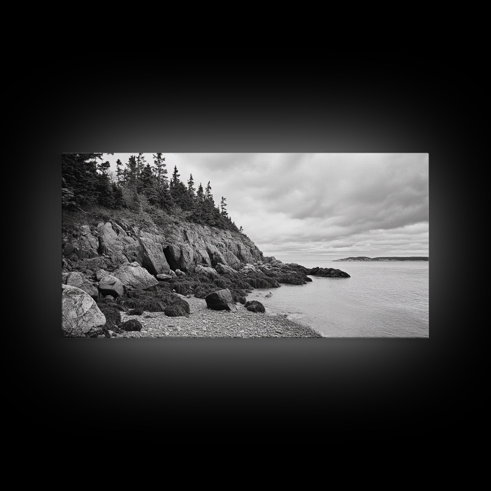 Rocky Shore, Coastal Forest, Black White Landscape, Nature Wall Decor, Framed Canvas Print, Cabin Living Room Art, Fall Inspired Scene