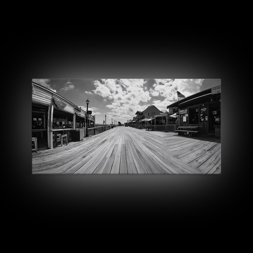 Boardwalk View, Beach Shops, Summer Scene, Coastal Town, Framed Canvas Print, Nautical Wall Art, Dining Room Coastal Decor