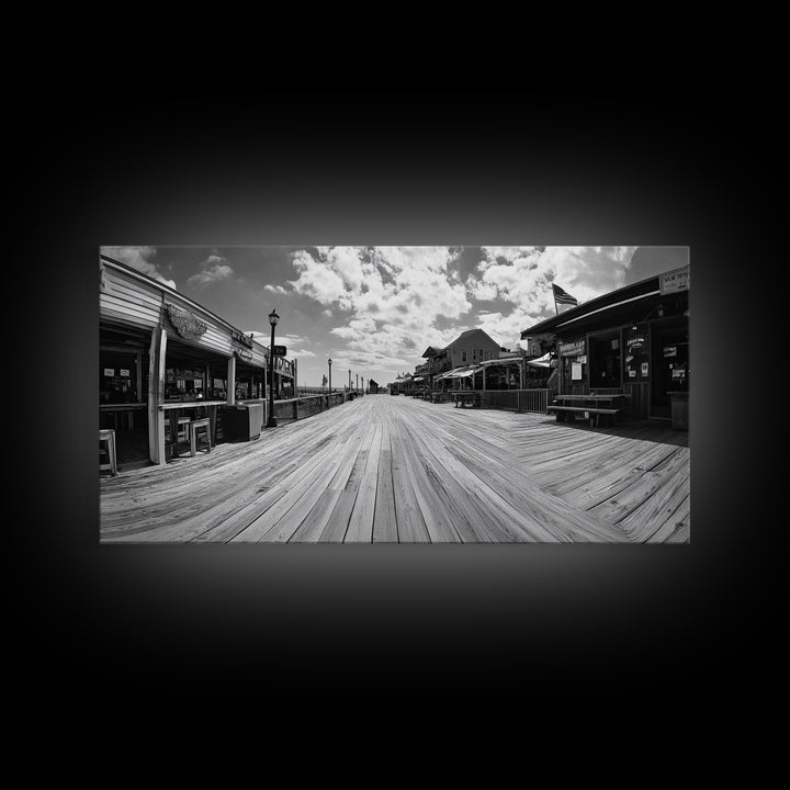 Boardwalk View, Beach Shops, Summer Scene, Coastal Town, Framed Canvas Print, Nautical Wall Art, Dining Room Coastal Decor