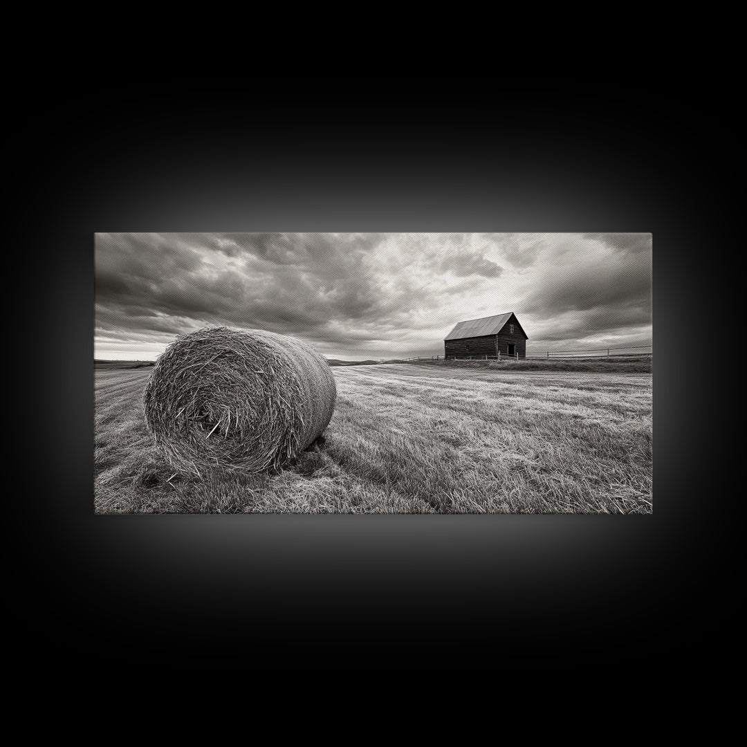 Barn Field, Hay Bale, Rural Farmland Scene, Autumn Countryside Art, Canvas Print, Farmhouse Wall Decor, Rustic Fall Living Room Art