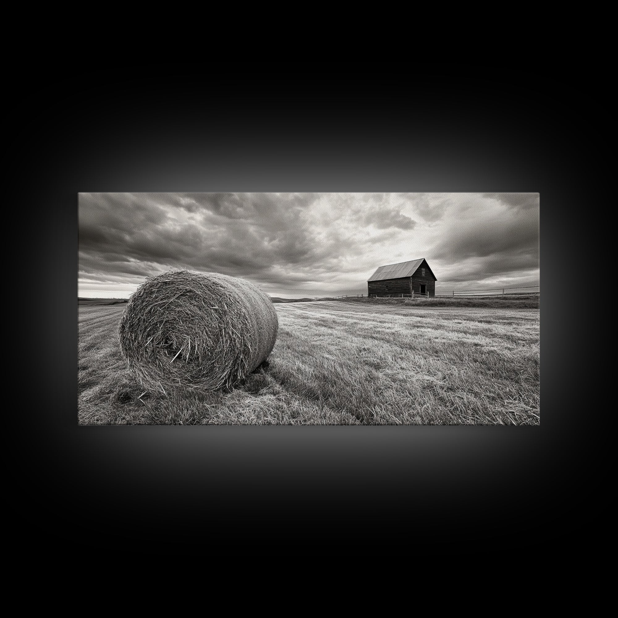 Barn Field, Hay Bale, Rural Farmland Scene, Autumn Countryside Art, Canvas Print, Farmhouse Wall Decor, Rustic Fall Living Room Art