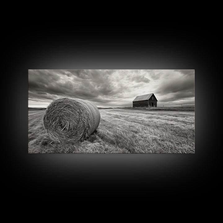 Barn Field, Hay Bale, Rural Farmland Scene, Autumn Countryside Art, Canvas Print, Farmhouse Wall Decor, Rustic Fall Living Room Art