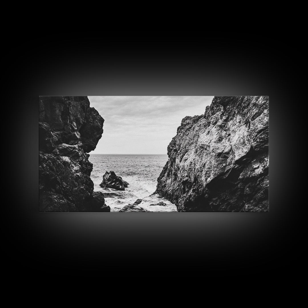 Rocky Coast View, Ocean Cliffs Art, Coastal Wilderness, Monochrome Seascape, Canvas Print, Bathroom Wall Art, Rustic Minimalist Style