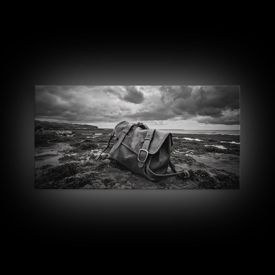 Abandoned Satchel, Coastal Mystery Art, Lost and Found Decor, Moody Beach Scene, Canvas Print, Study Wall Art, Nautical Rustic Aesthetic