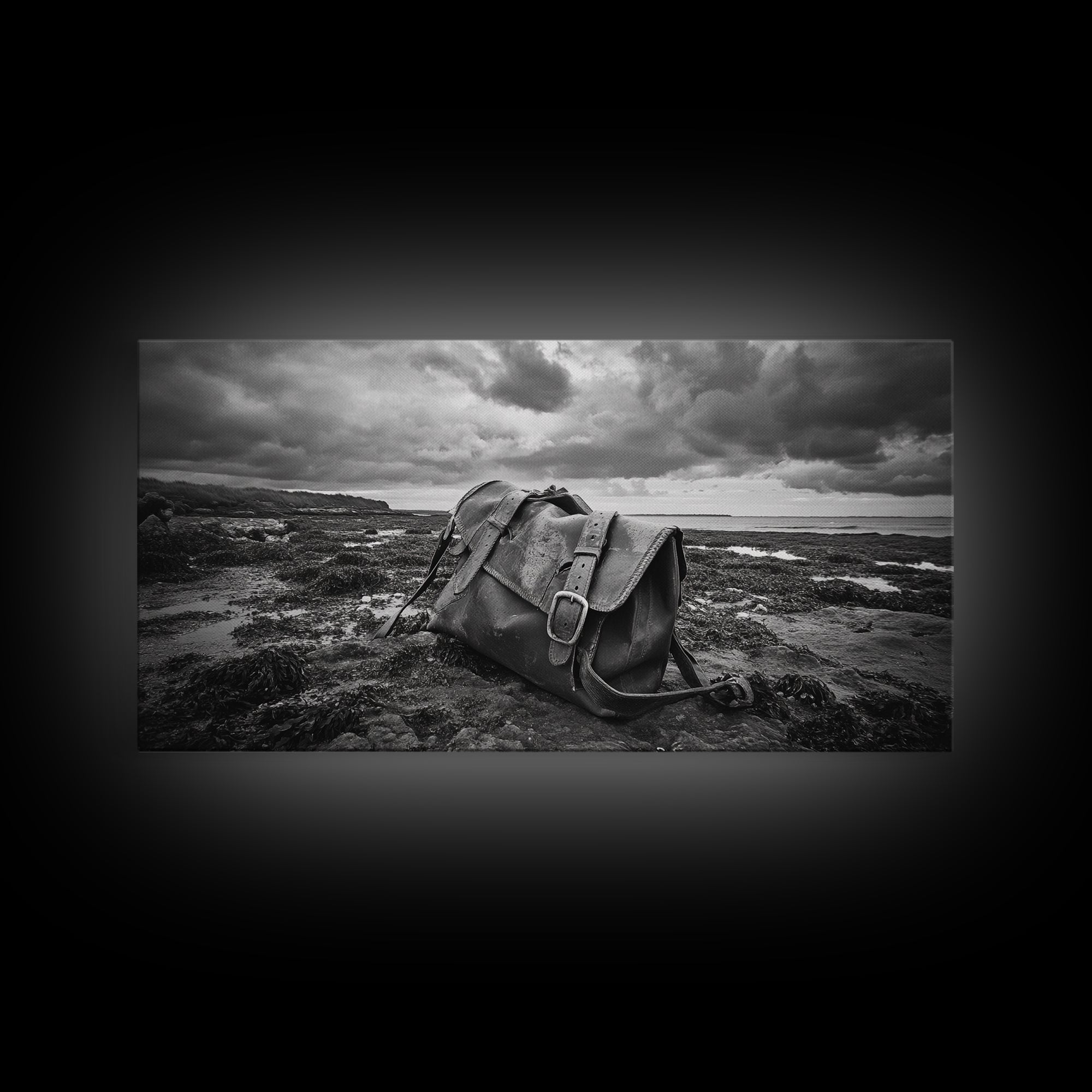 Abandoned Satchel, Coastal Mystery Art, Lost and Found Decor, Moody Beach Scene, Canvas Print, Study Wall Art, Nautical Rustic Aesthetic