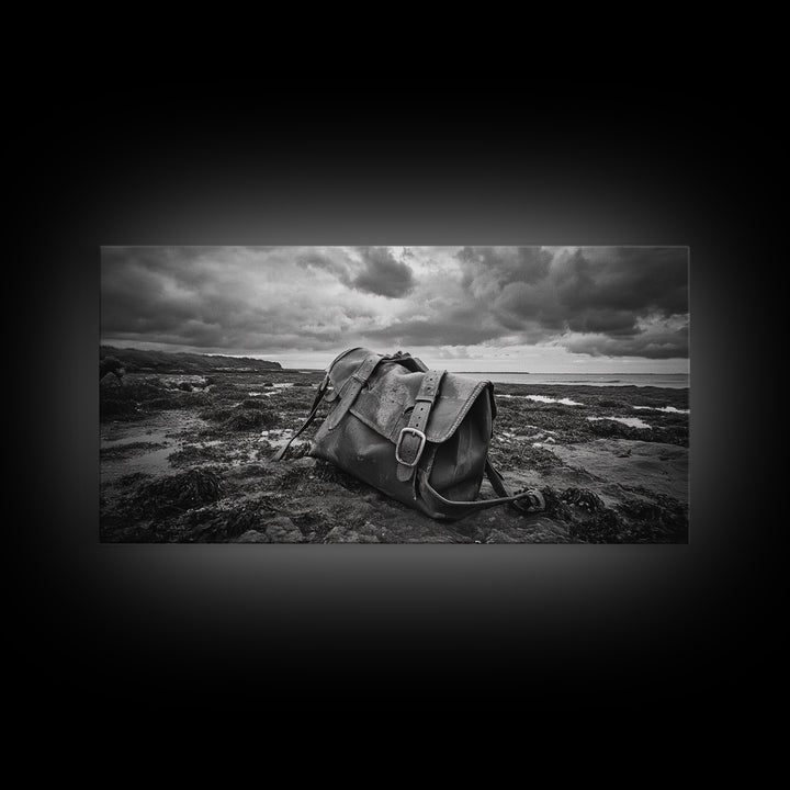 Abandoned Satchel, Coastal Mystery Art, Lost and Found Decor, Moody Beach Scene, Canvas Print, Study Wall Art, Nautical Rustic Aesthetic