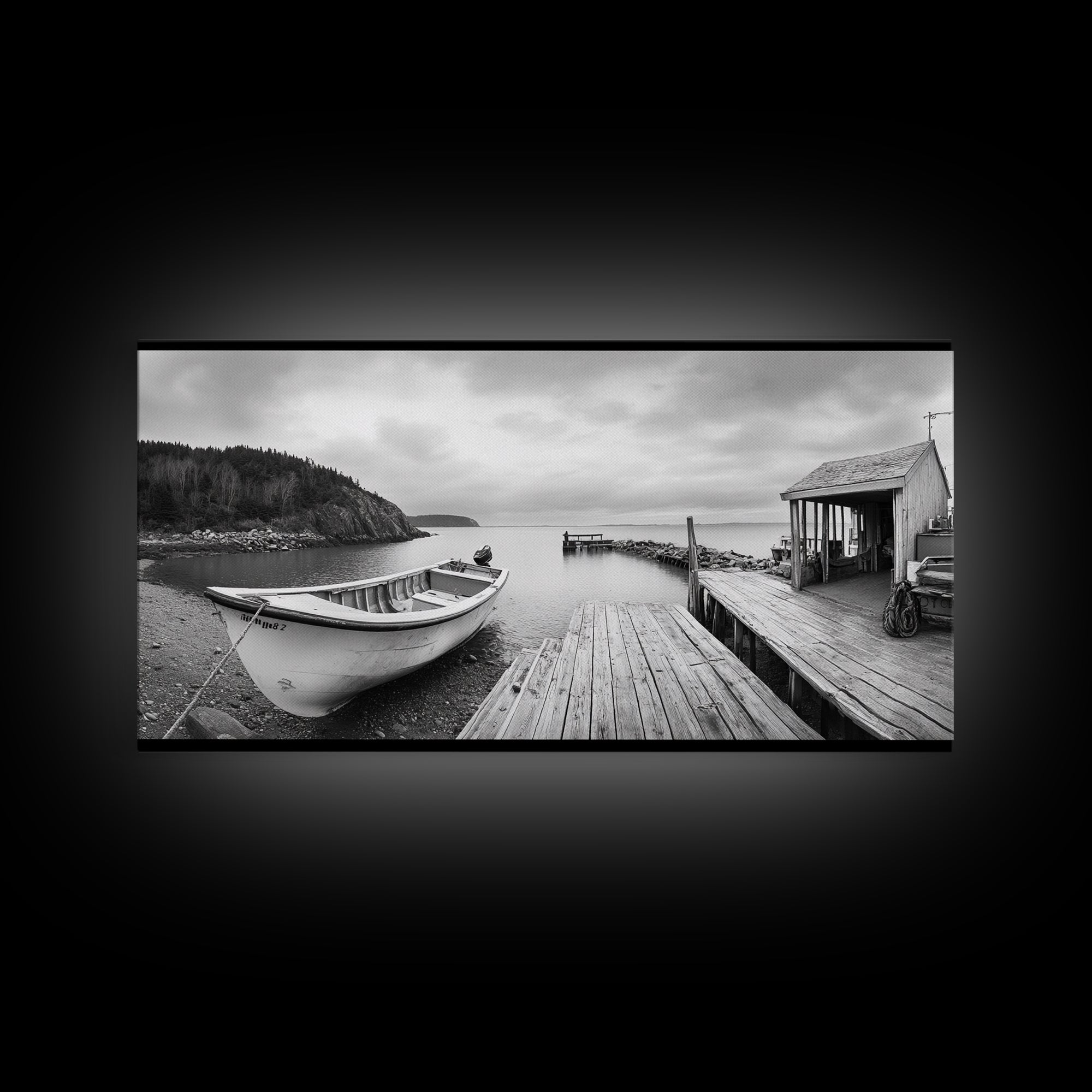 Rowboat Dock, Harbor Scene, Calm Waters, Quiet Morning, Framed Canvas Print, Lakeside Cabin Wall Art, Rustic Nautical Decor, Cabin Decor