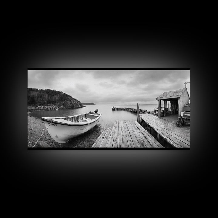 Rowboat Dock, Harbor Scene, Calm Waters, Quiet Morning, Framed Canvas Print, Lakeside Cabin Wall Art, Rustic Nautical Decor, Cabin Decor