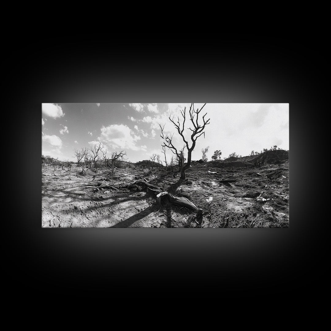 Barren Tree Landscape, Post Fire Terrain, Dystopian Forest Scene, Survival Mood, Canvas Print, Office Wall Art, Dark Nature Decor