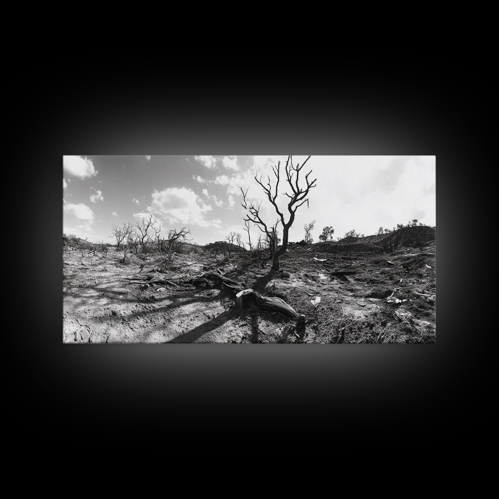 Barren Tree Landscape, Post Fire Terrain, Dystopian Forest Scene, Survival Mood, Canvas Print, Office Wall Art, Dark Nature Decor