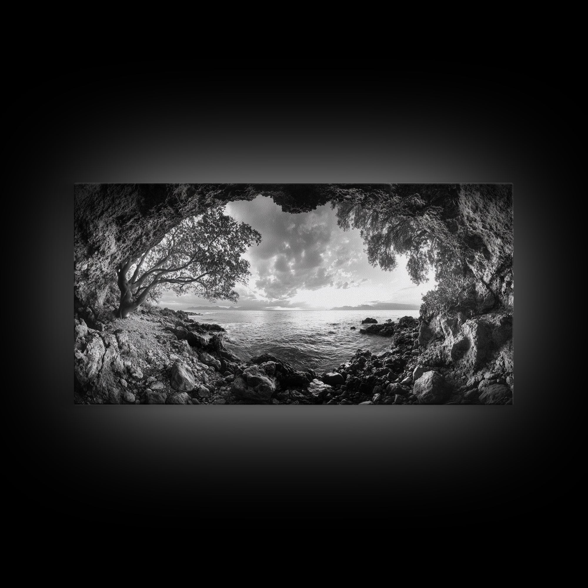 Ocean Cave View, Coastal Tree Framing, Tranquil Sea Scene, Nature Window Art, Framed Canvas Print, Bedroom Wall Art, Zen Decor
