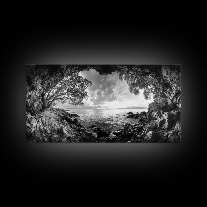 Ocean Cave View, Coastal Tree Framing, Tranquil Sea Scene, Nature Window Art, Framed Canvas Print, Bedroom Wall Art, Zen Decor