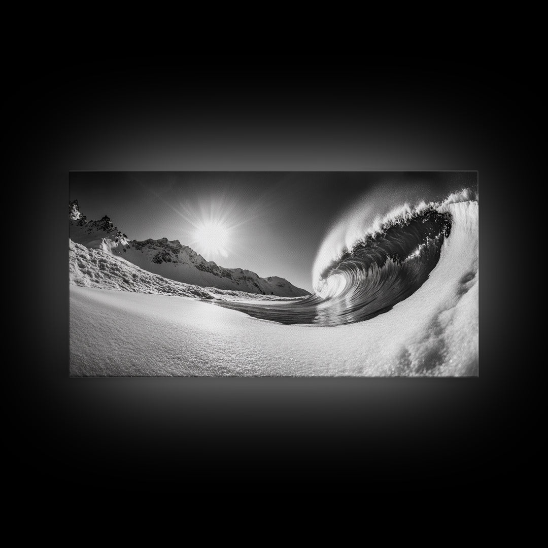 Arctic Wave Motion, Snowy Surf Curl, Mountain Sun Scene, Nature Energy Art, Canvas Print, Living Room Wall Art, Winter Adventure Decor