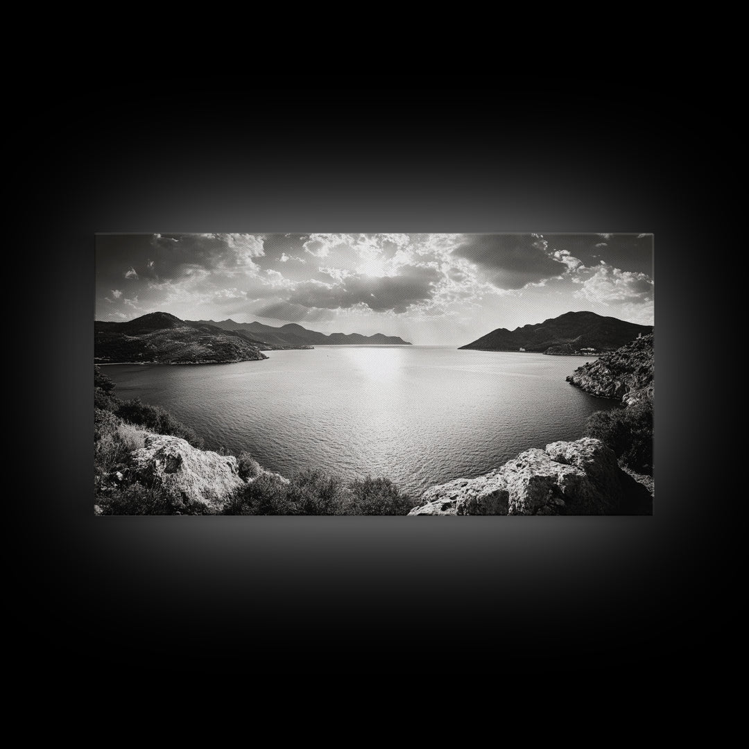 Ocean Sunset View, Mountain Coast Landscape, Black and White Art, Canvas Print, Minimalist Decor, Living Room Wall Art, Tranquil Home Style