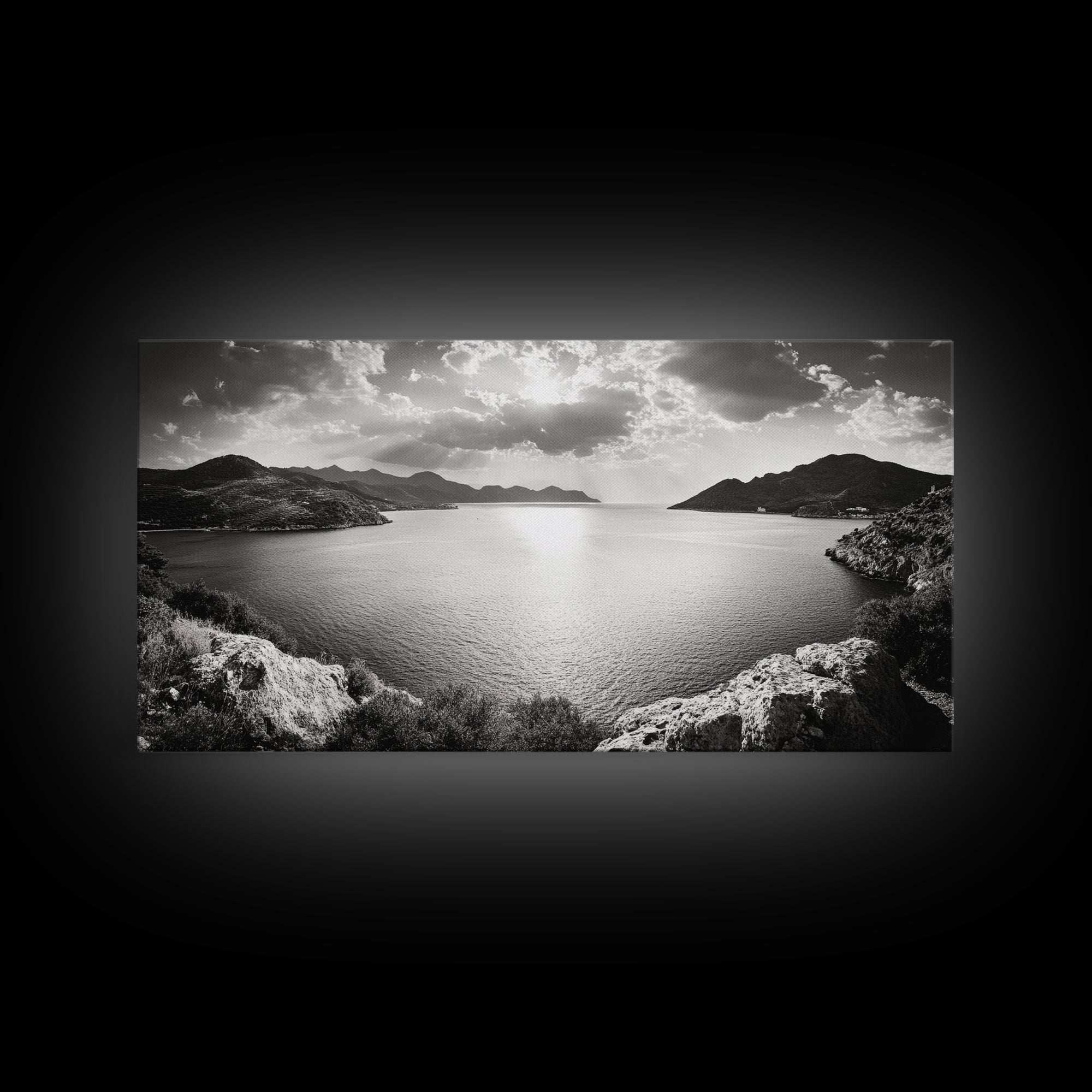 Ocean Sunset View, Mountain Coast Landscape, Black and White Art, Canvas Print, Minimalist Decor, Living Room Wall Art, Tranquil Home Style