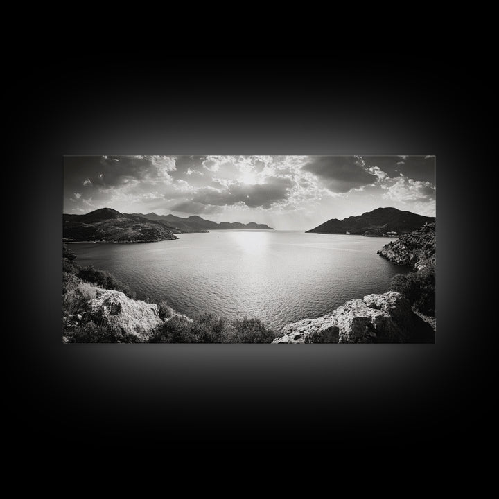 Ocean Sunset View, Mountain Coast Landscape, Black and White Art, Canvas Print, Minimalist Decor, Living Room Wall Art, Tranquil Home Style
