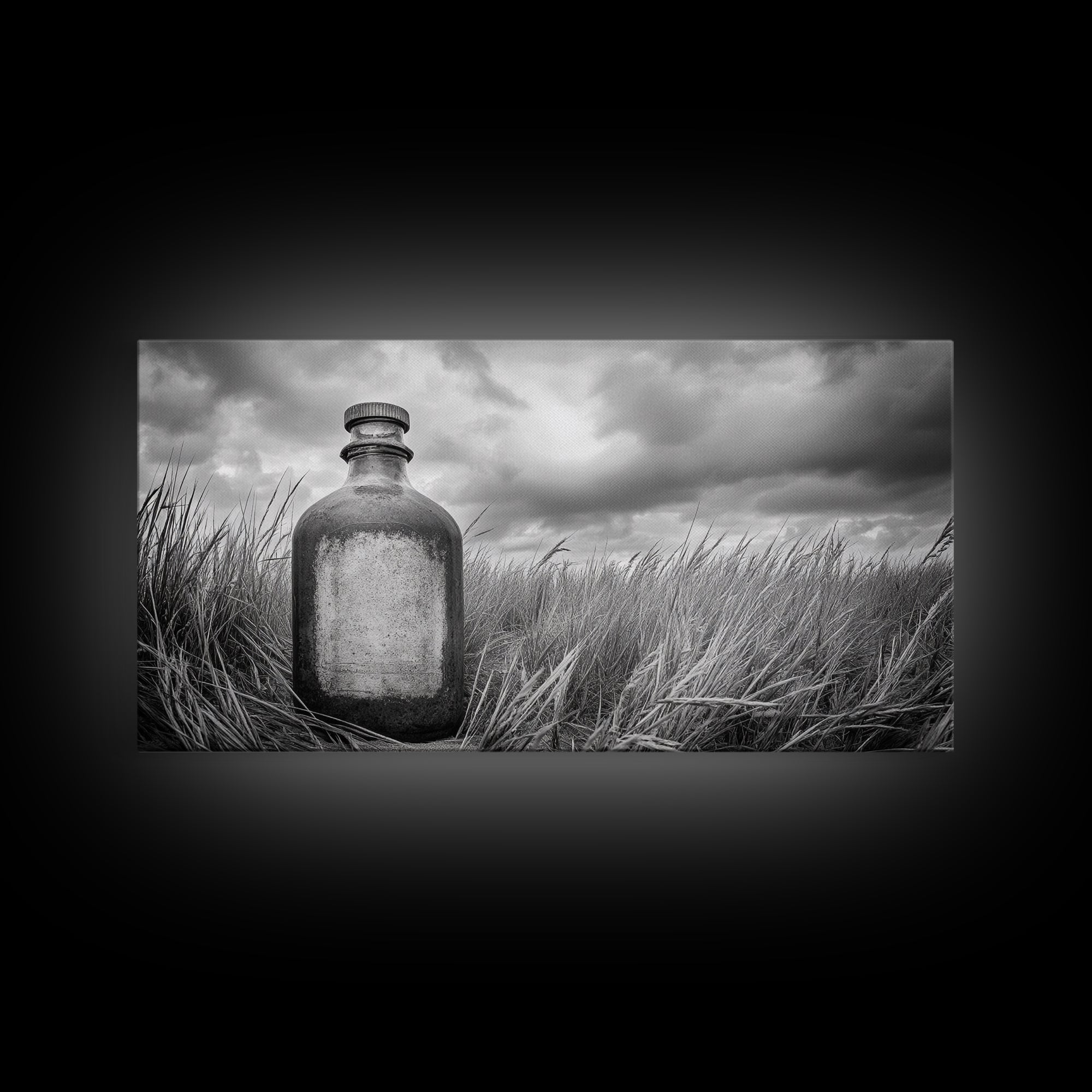 Antique Bottle Field, Rustic Outdoor Scene, Black and White Photography, Framed Canvas Print, Farmhouse Wall Art, Entryway Decor
