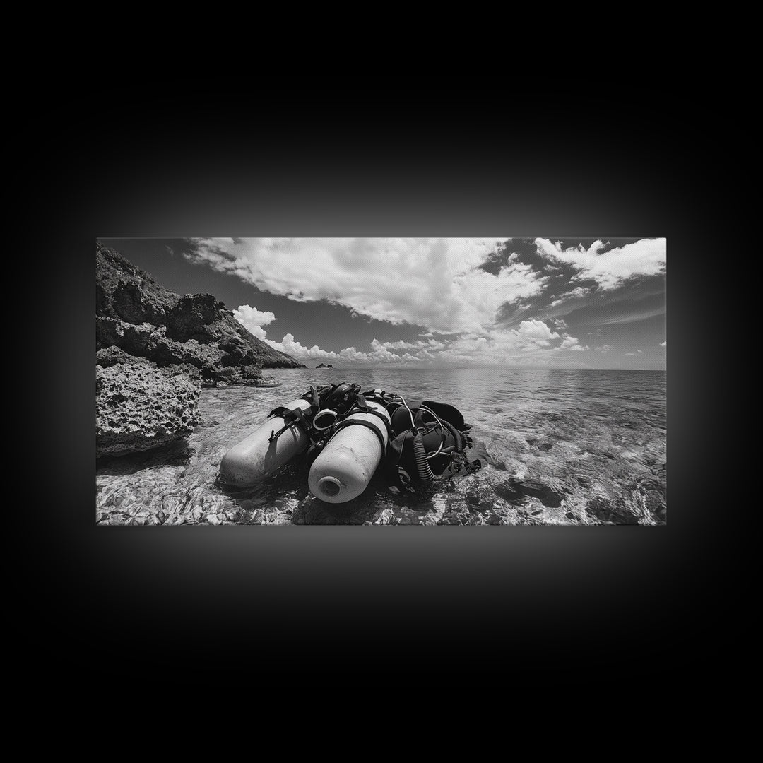 Dive Gear Shoreline, Ocean Exploration Scene, Black and White Adventure Art, Canvas Print, Nautical Decor, Man Cave Wall Art, Nautical Wall Art
