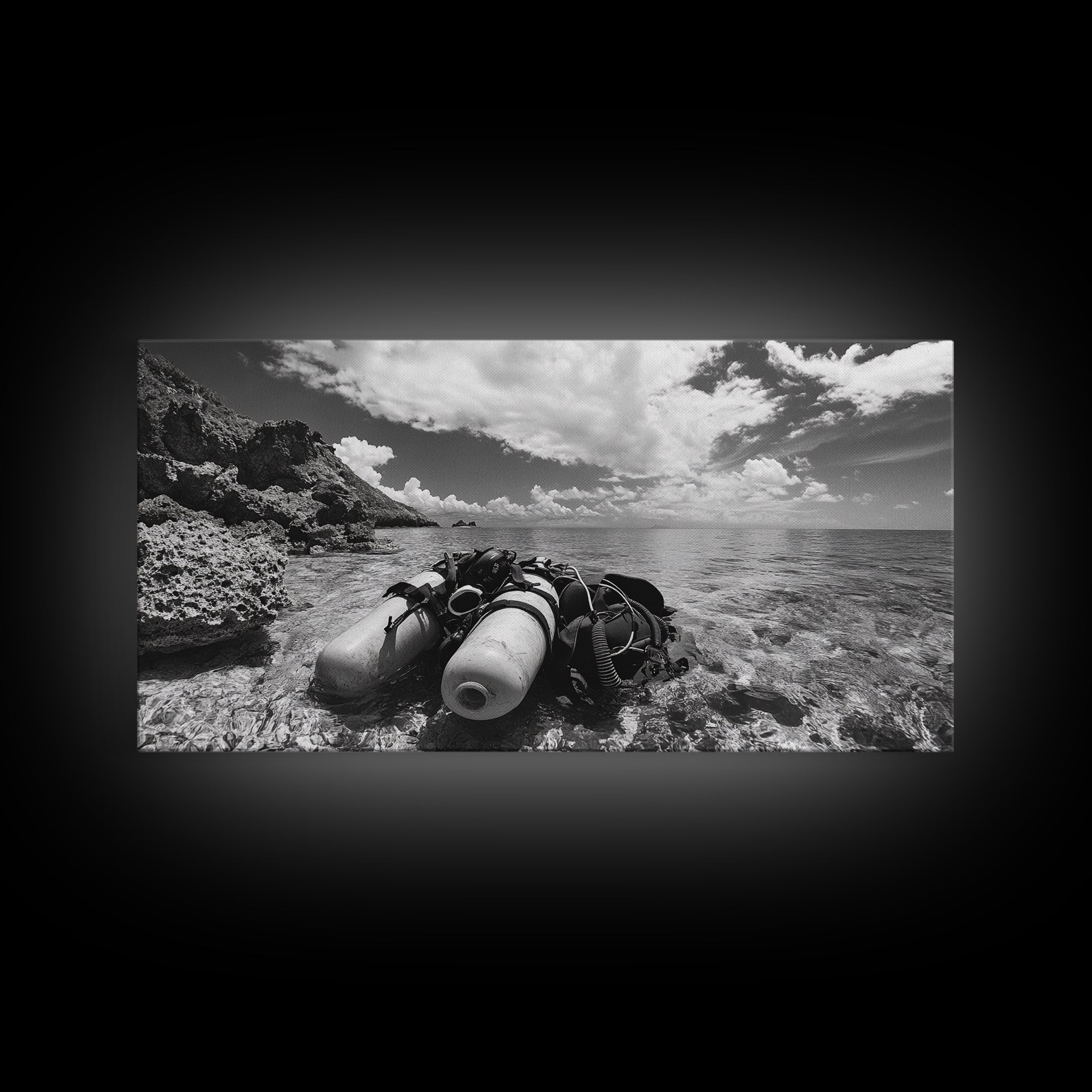 Dive Gear Shoreline, Ocean Exploration Scene, Black and White Adventure Art, Canvas Print, Nautical Decor, Man Cave Wall Art, Nautical Wall Art