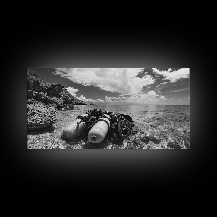 Dive Gear Shoreline, Ocean Exploration Scene, Black and White Adventure Art, Canvas Print, Nautical Decor, Man Cave Wall Art, Nautical Wall Art