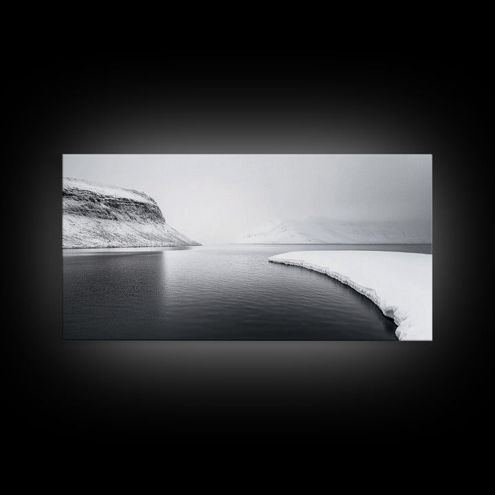 Arctic Coastline Silence, Minimal Snow Scene, Monochrome Nature Landscape, Framed Canvas Print, Scandinavian Wall Art, Office Calm Decor