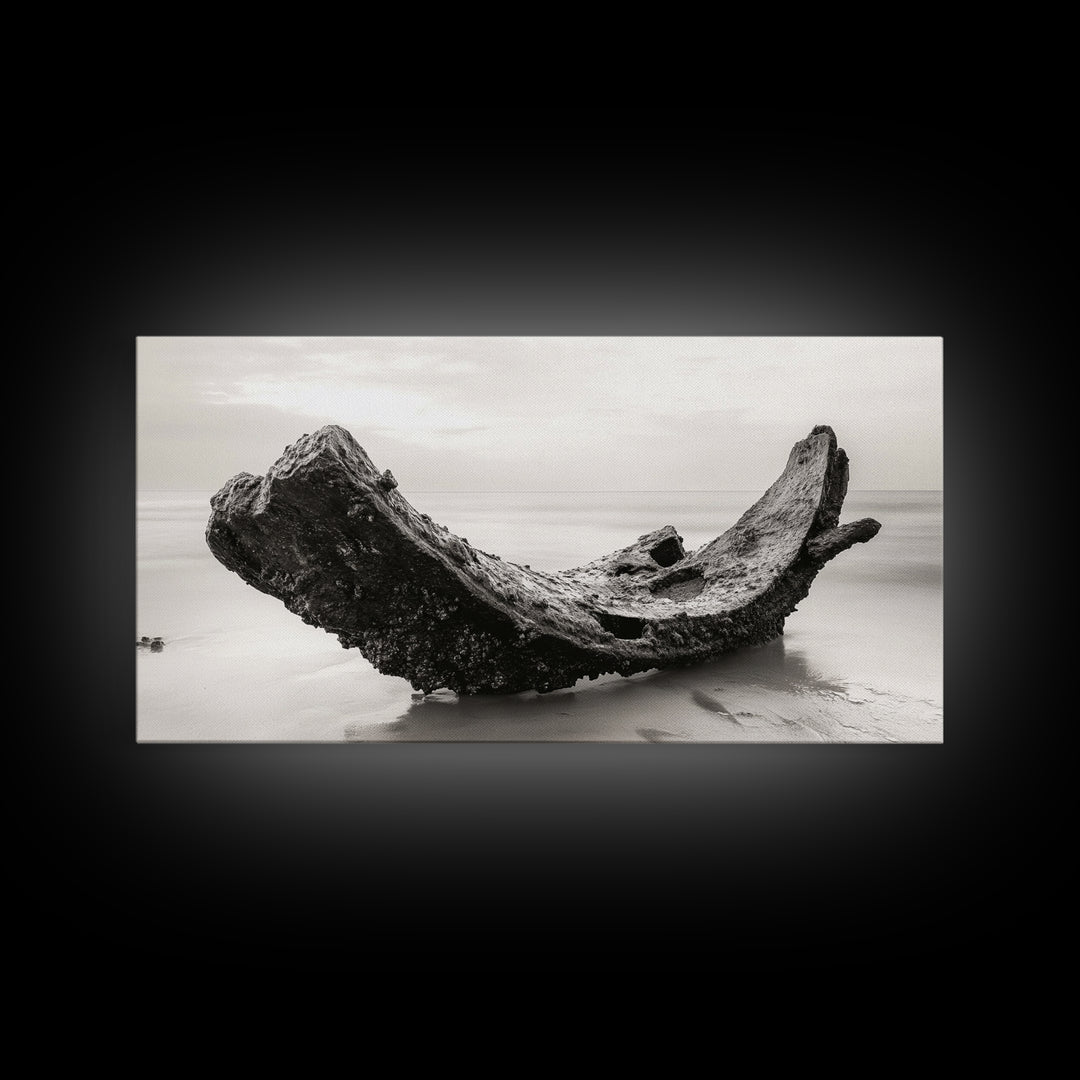 Coastal Shipwreck, Moody Beach, Driftwood Aesthetic, Minimalist Seascape, Canvas Print, Nautical Wall Art, Bathroom Decor, Ocean Art