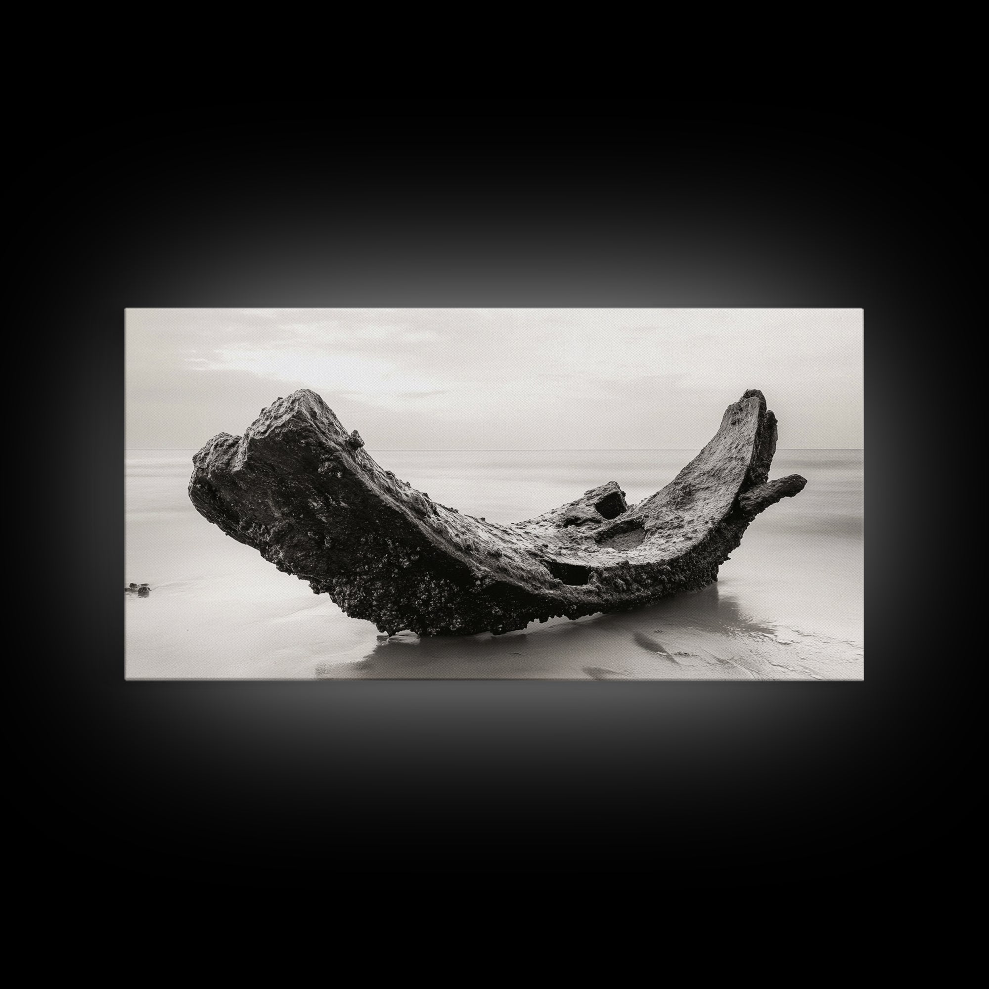 Coastal Shipwreck, Moody Beach, Driftwood Aesthetic, Minimalist Seascape, Canvas Print, Nautical Wall Art, Bathroom Decor, Ocean Art