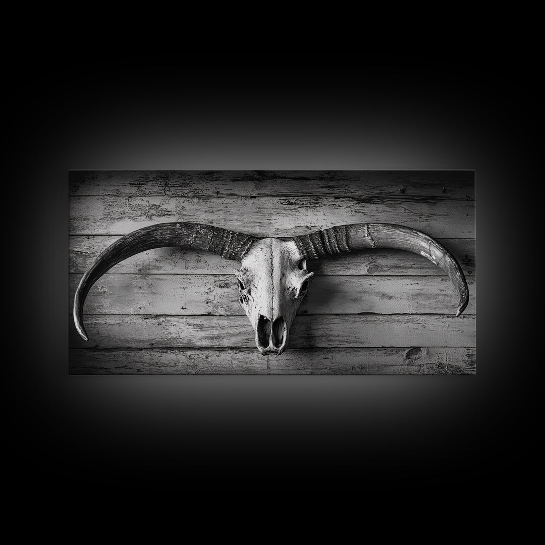 Bull Skull, Rustic Horns, Western Cabin Decor, Weathered Wood, Framed Canvas Print, Farmhouse Wall Art, Cowboy Office Decor, Rustic Wall Art
