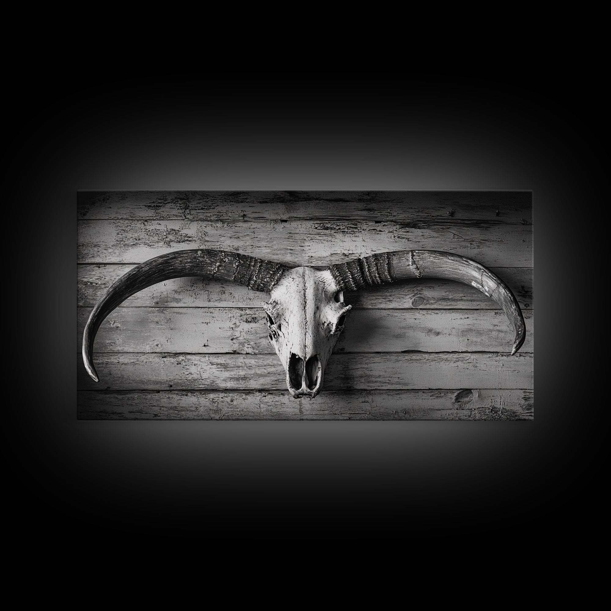 Bull Skull, Rustic Horns, Western Cabin Decor, Weathered Wood, Framed Canvas Print, Farmhouse Wall Art, Cowboy Office Decor, Rustic Wall Art