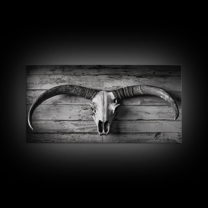 Bull Skull, Rustic Horns, Western Cabin Decor, Weathered Wood, Framed Canvas Print, Farmhouse Wall Art, Cowboy Office Decor, Rustic Wall Art
