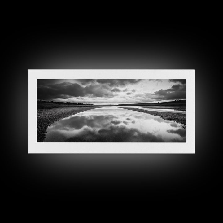 River Reflection, Cloudy Sky, Calm Nature Path, Modern Monochrome, Framed Canvas Print, Bedroom Wall Art, Minimalist Landscape Art