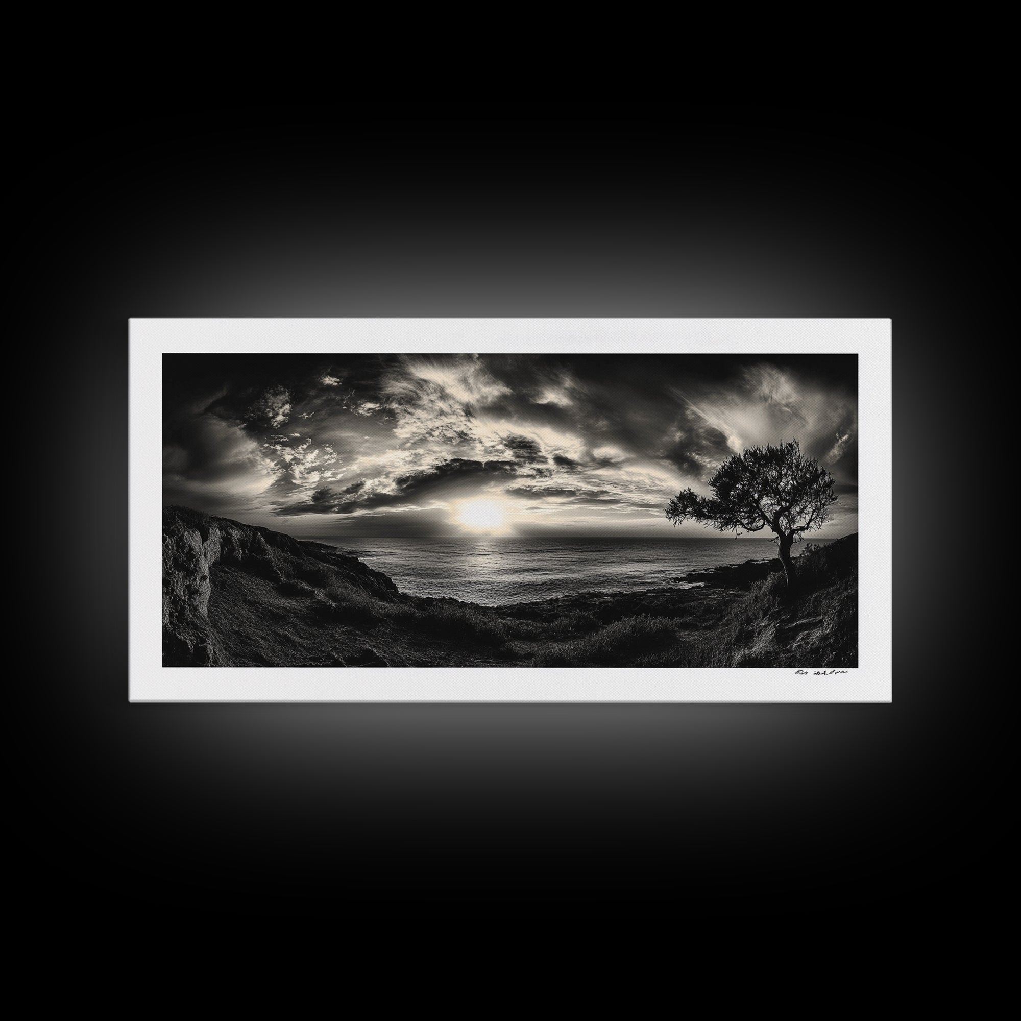 Dramatic Ocean Sunset, Coastal Tree, Monochrome Landscape, Canvas Print, Living Room Wall Art, Surreal Nature View, Oceanview Print