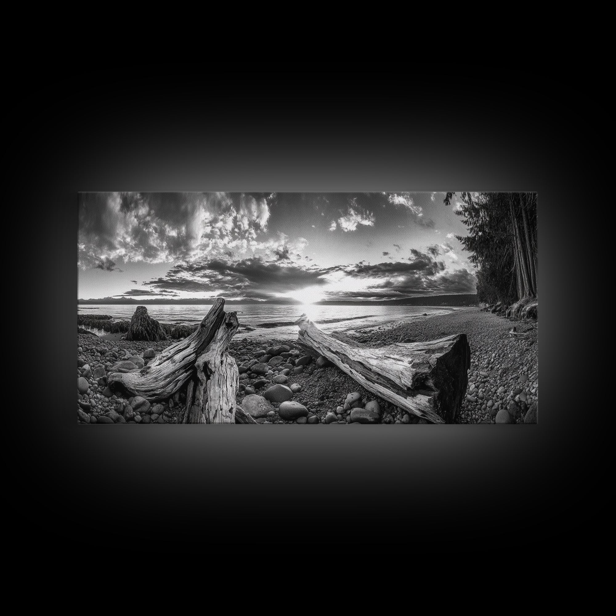 Driftwood Coastline, Rocky Beach Sunset, Nature Wall Art, Framed Canvas Print, Rustic Lake House Decor, Fall Coastal Aesthetic