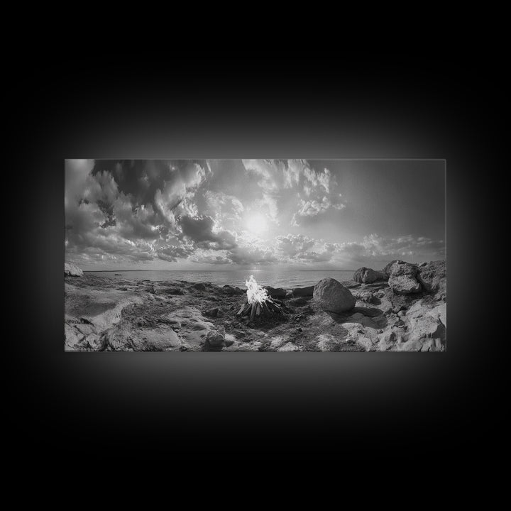 Coastal Campfire, Ocean Sunset, Rocky Shore, Bonfire Glow, Canvas Print, Nature Wall Art, Autumn Cabin Decor, Outdoor Retreat Style