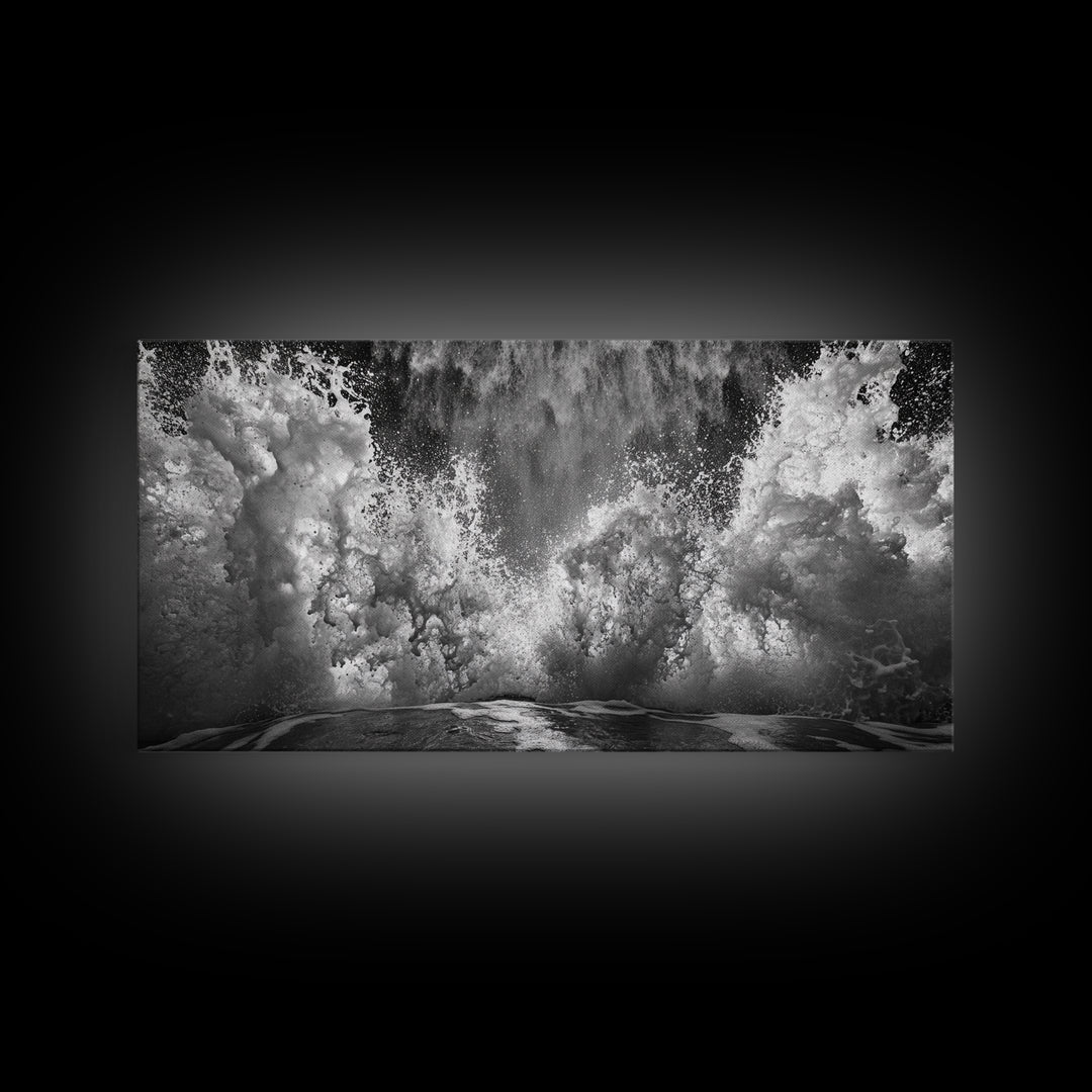 Ocean Splash, Sea Foam, Abstract Water, Coastal Waves, Framed Canvas Print, bathroom wall art, modern ocean photography, moody water art