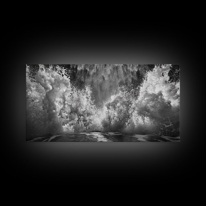 Ocean Splash, Sea Foam, Abstract Water, Coastal Waves, Framed Canvas Print, bathroom wall art, modern ocean photography, moody water art