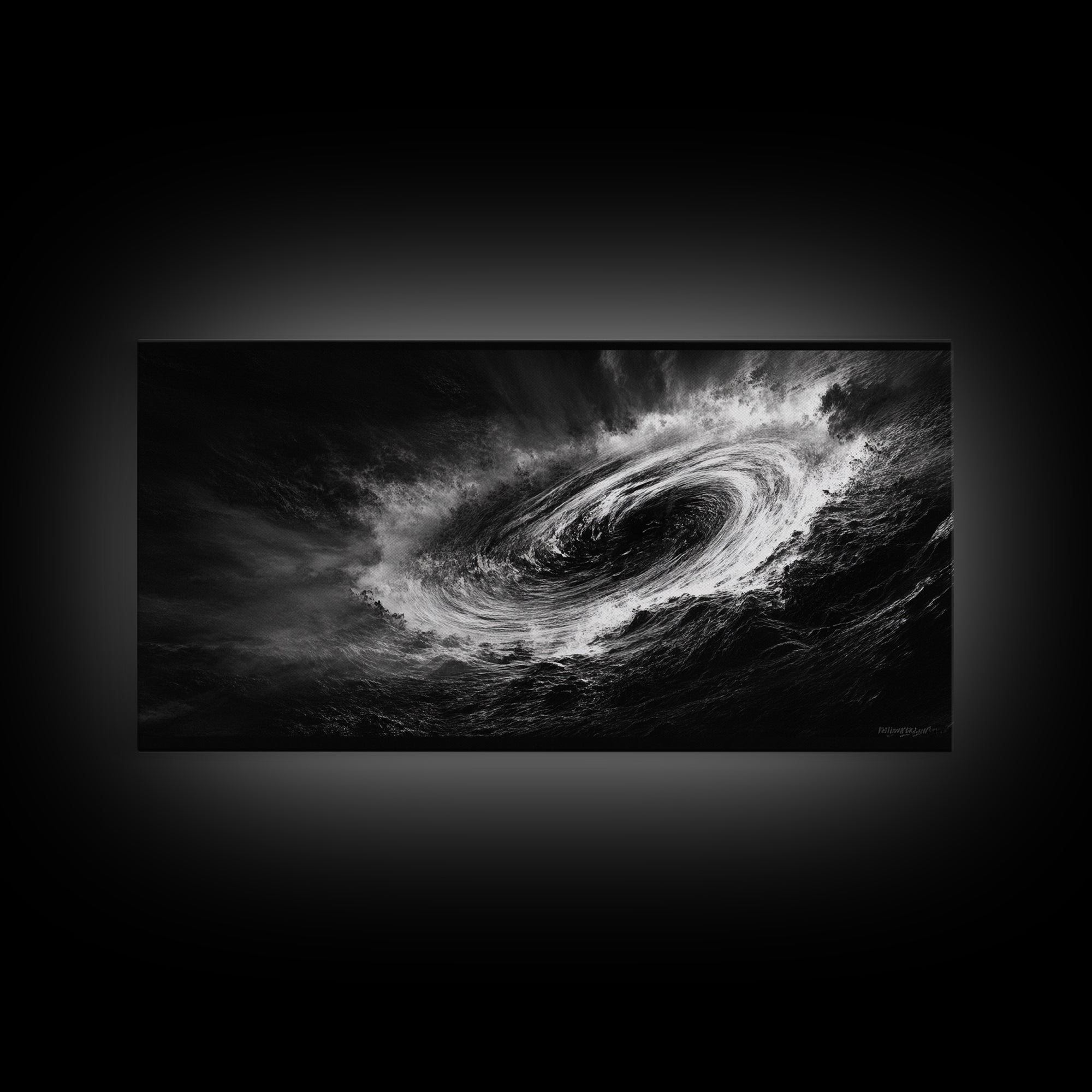 Ocean Vortex, Dramatic Waves, Sea Swirl, Storm Art, Framed Canvas Print, dark abstract art, gaming room decor, black and white power art