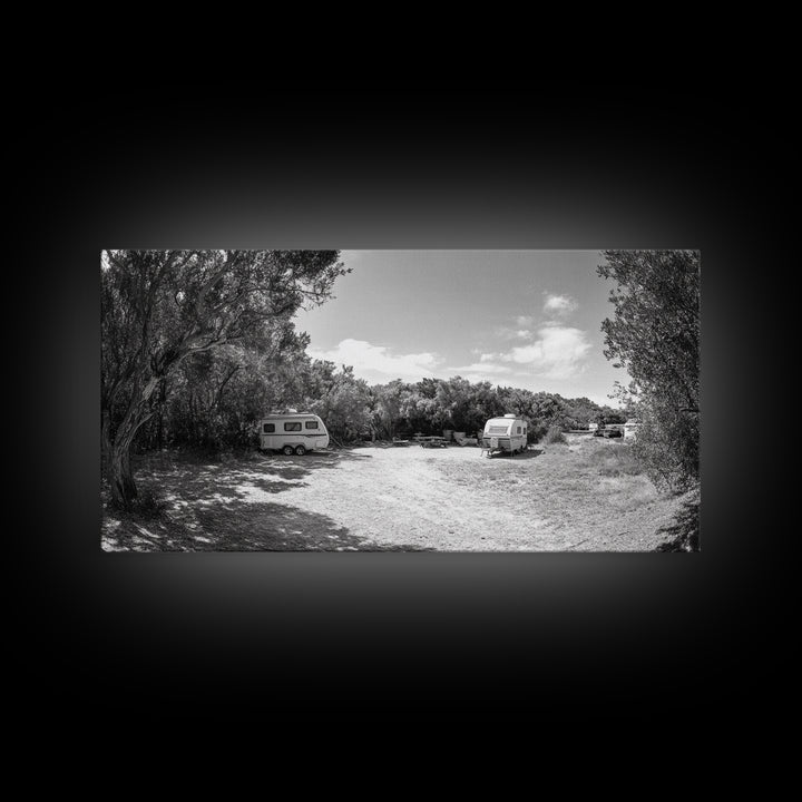 Camper Vans, Nature Escape, Forest Glamping, Sunny Grove, Canvas Print, Rustic Wall Art, Adventure Lover Gift, Living Room Decor