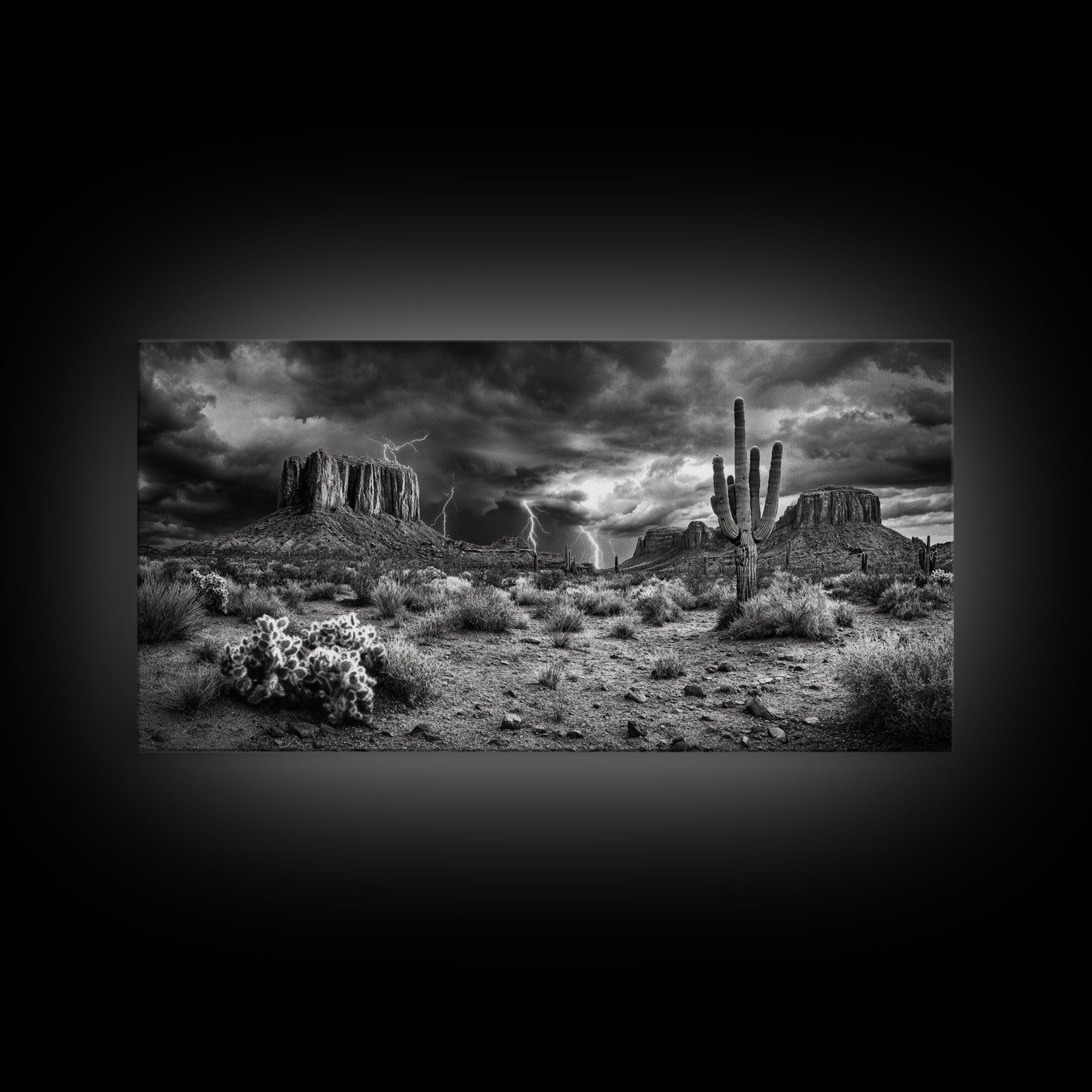 Desert Storm Scene, Lightning Landscape, Southwest Art, Dramatic Skies, Framed Canvas Print, Western Wall Art, Rustic Living Room Decor