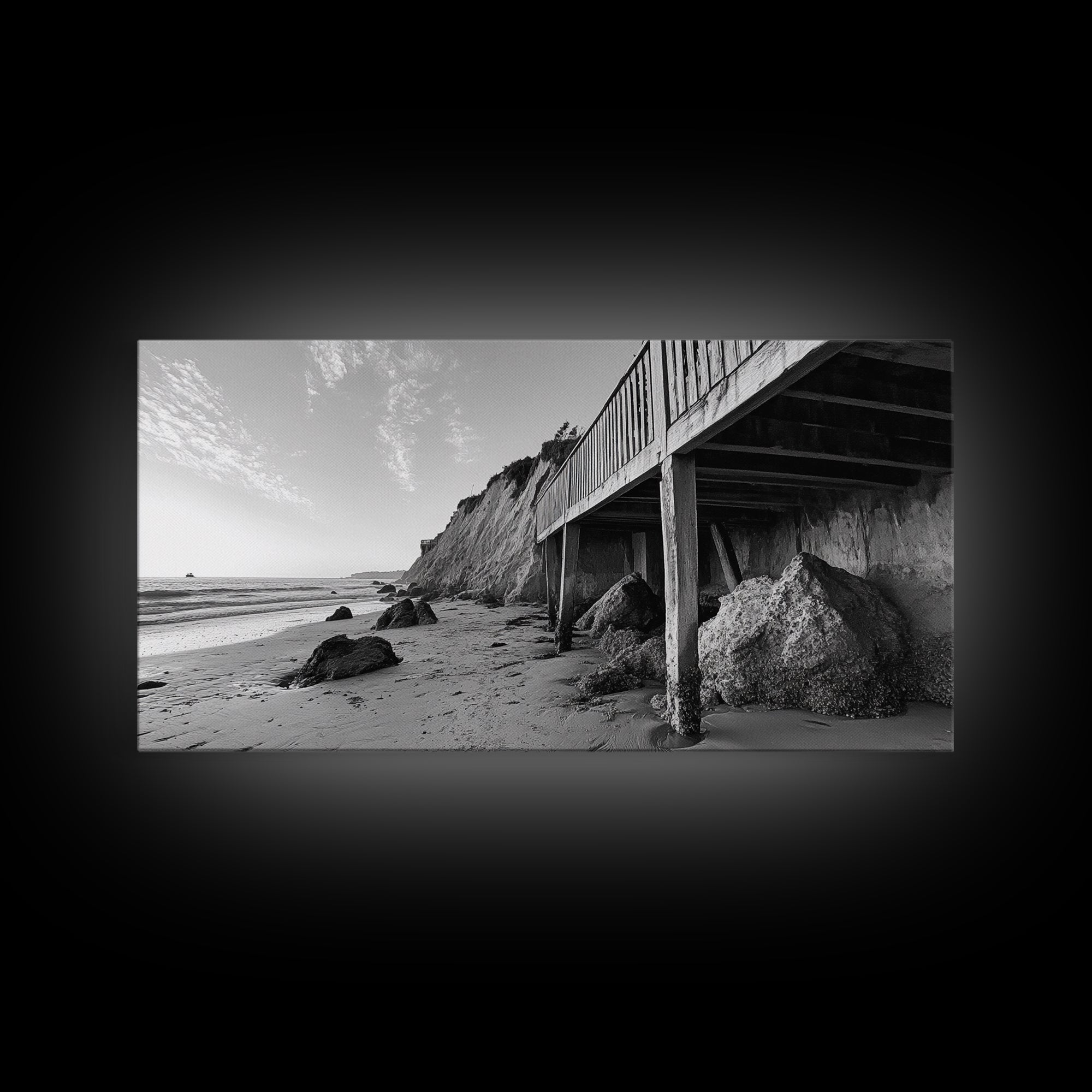 Coastal Cliff View, Seaside Escape, Beachside Structure, Framed Canvas Print, Rustic Wall Art, Modern Coastal Living Room Decor