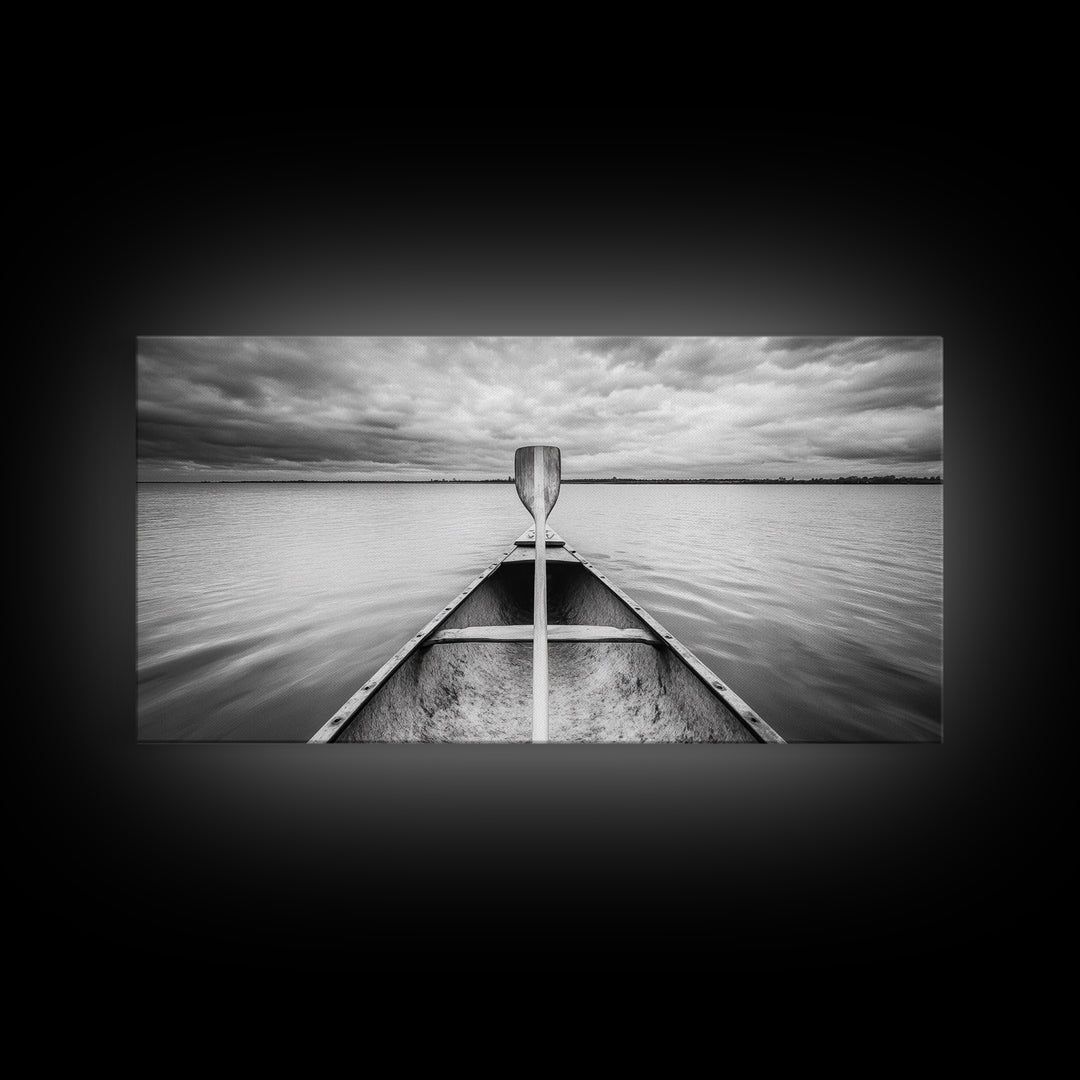 Canoe Lake, Adventure Paddle, Calm Waters, Cloudy Sky, Framed Canvas Print, Minimalist Art, Office Wall Decor, Nature Lover Style