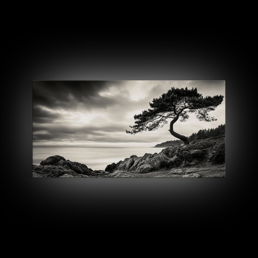 Coastal Tree, Windswept Cliff, Serene Horizon, Nature Escape, Framed Canvas Print, minimalist wall art, bedroom decor, zen nature print